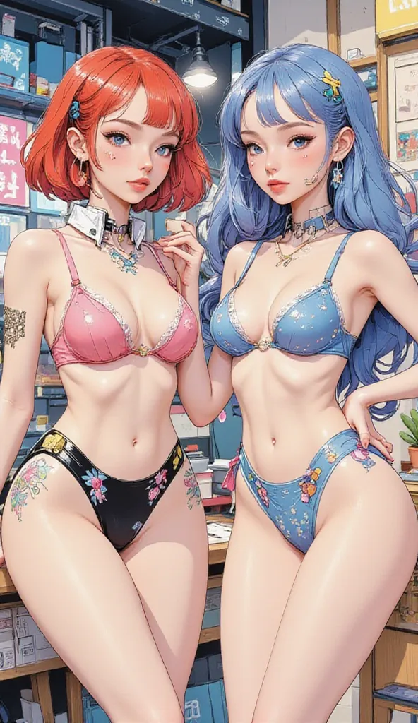 Two sexy anime character women wearing bikini-type cyberpunk costumes in different colors pose as models,  Concept Art 。Dirty Pair、concept art inspired by Shirou Masamune, Pixiv, Neo Geo,  GAINAX anime style ,  kashart kentz , 80s anime,  80s anime art sty...