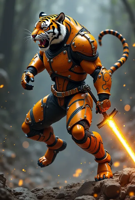 I want to create a tiger warrior, Wearing machine armor. The face is angry and gnashing of teeth. The body is jumping forward. The right hand holds a glowing sword. The right hand smears the sword up to shoulder and chest level. The right leg is jumping up...