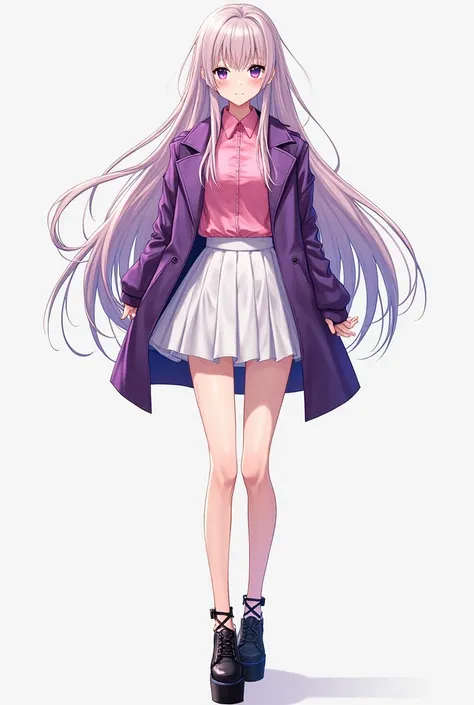 anime style, 1girl, full body front, standing, bare legs, light skin, purple long hair, purple eyes, pink shirts, purple coats, white skirts, black platform shoes