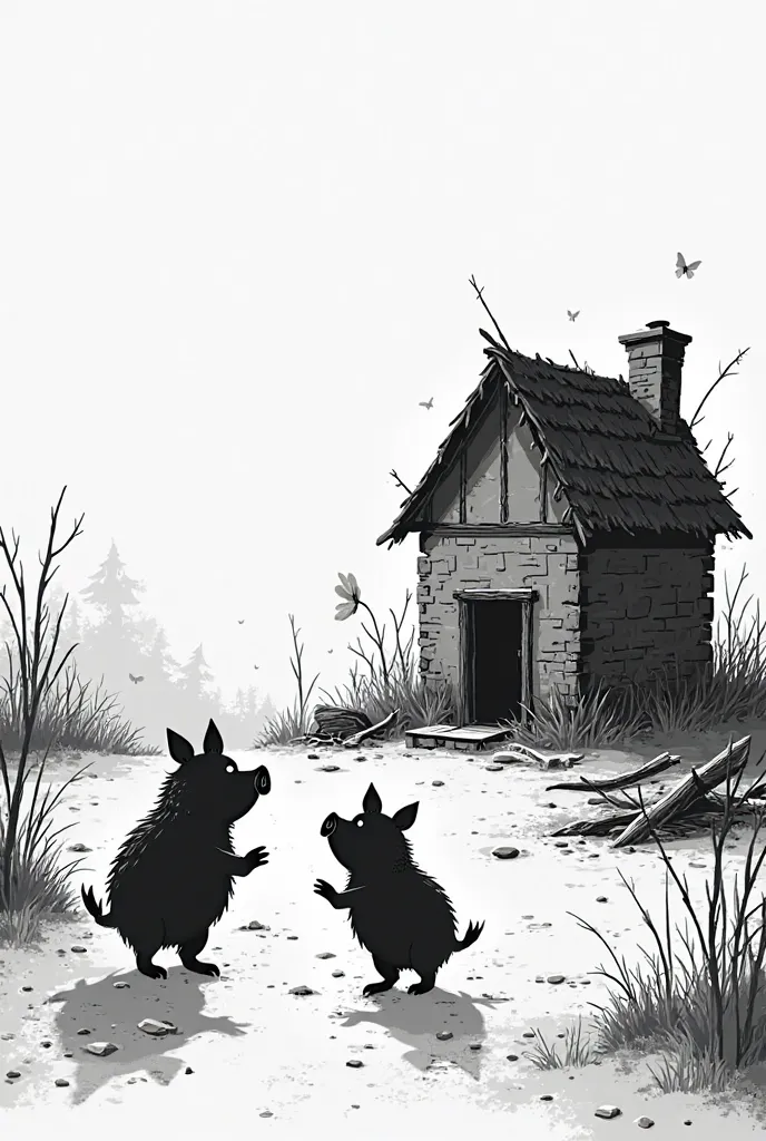 "the three little pigs" show their house destroyed by the wolf but the brick house only standing, make it 2d and only black and white 