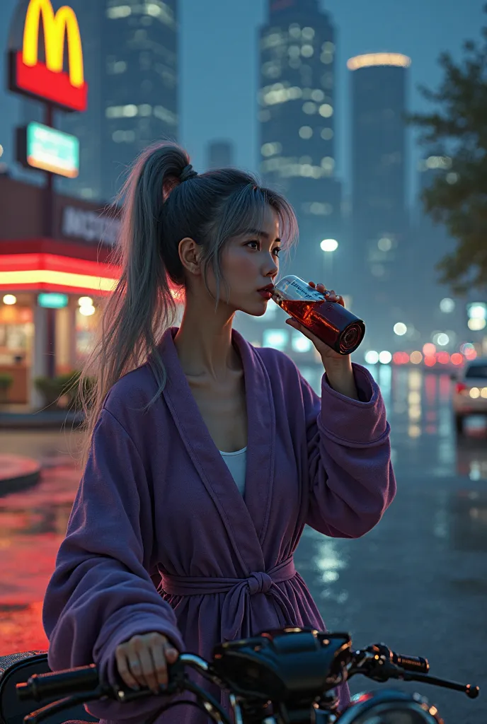 Photorealistic a youthful looking Asian as a 50 years old Asian woman with long half gray-black hair in a ponytail hairstyle still very young looking with long gray hair flowing hair wearing a purple bathrobe on a motorcycle in a McDonald parking lot drink...