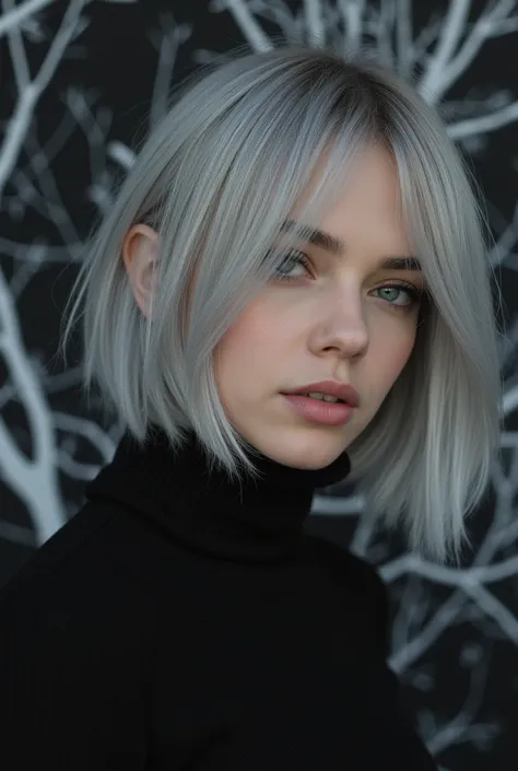 Hailee steinfeld,silver hair,black backgriund with white trees,Natalie dormer, Ethereal,Portrait,Closeup, portrait,girl posing,Closeup candid photo,Hailee steinfeld  and Maddison beer ,,Closeup,Young ,Voluptuous,,Youthful , ,Skinny,luxurious,Smokey eyes,Cl...