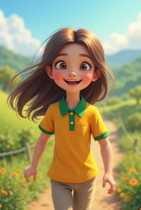 A lively girl wearing a yellow and green polo