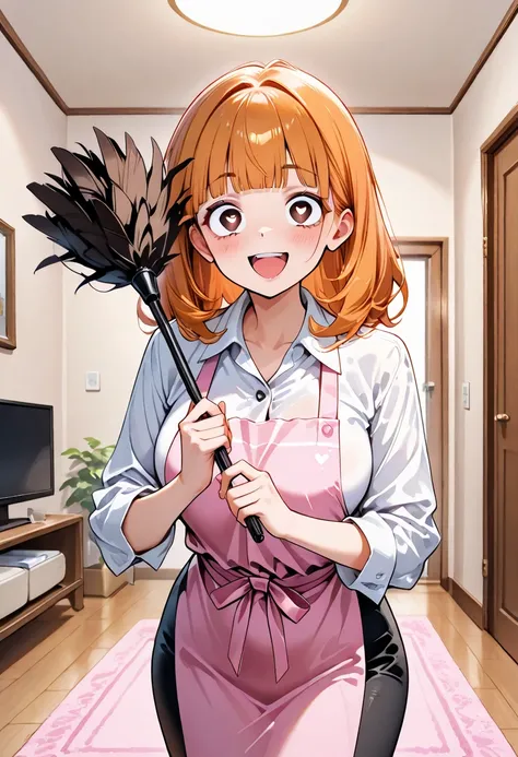 1Woman, standing, in living room, fair skin, orange hair, blunt bangs, brown eyes, smiling, adult, White buttoned shirt, black pencil skirt, crazy eyes, heart pupils, 30 years old, living room, feather duster, cleaning, pink apron, happy, mature