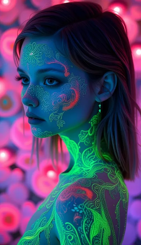 This image depicts a woman with striking features, showcasing intricate neon paint that glows in vibrant shades of green, pink, and purple. Her hair is styled in a sleek manner, adding to the ethereal quality of the composition. The painted patterns resemb...