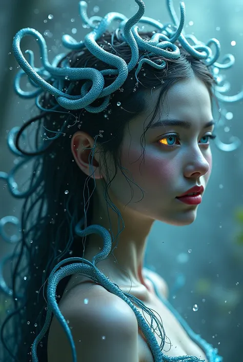  creates a beautiful woman , With the hair of snakes, inspired by jellyfish from Greek mythology. With blinding glowing eyes. 