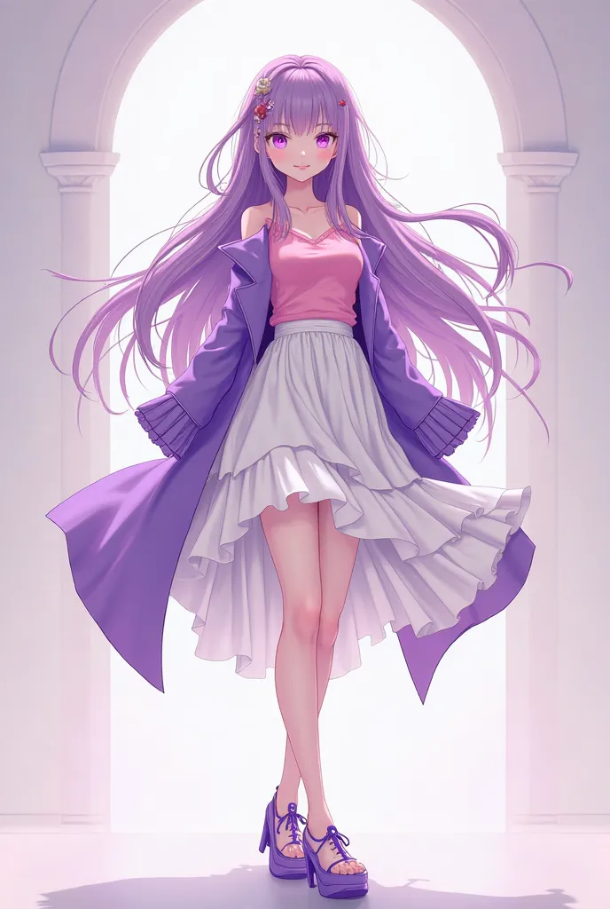 anime style, 1girl, full body front, standing, transparent stockings, light skin, purple long hair, purple eyes, pink shirts, purple coats, white skirts, black platform shoes