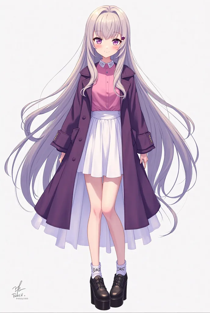 anime style, 1girl, full body front, standing, bare legs, light skin, purple long hair, purple eyes, pink shirts, purple coats, white skirts, black platform shoes