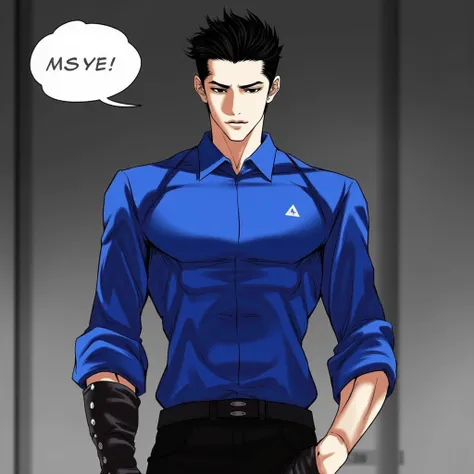 Inner scene "look" Manga with tall male character, athletic figure, strong, neat hair, black hair, handsome appearance, sharp angular facial features , Elegant tall male figure, , Confident and relaxed posture, strong jawline, intense gaze, muted color pal...