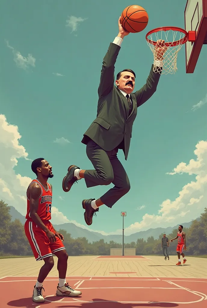 Adolf Hitler (((rizzler meme))) dunking on Lebron James (((Adolf Hitler jumping over Lebron James))) in a basketball game