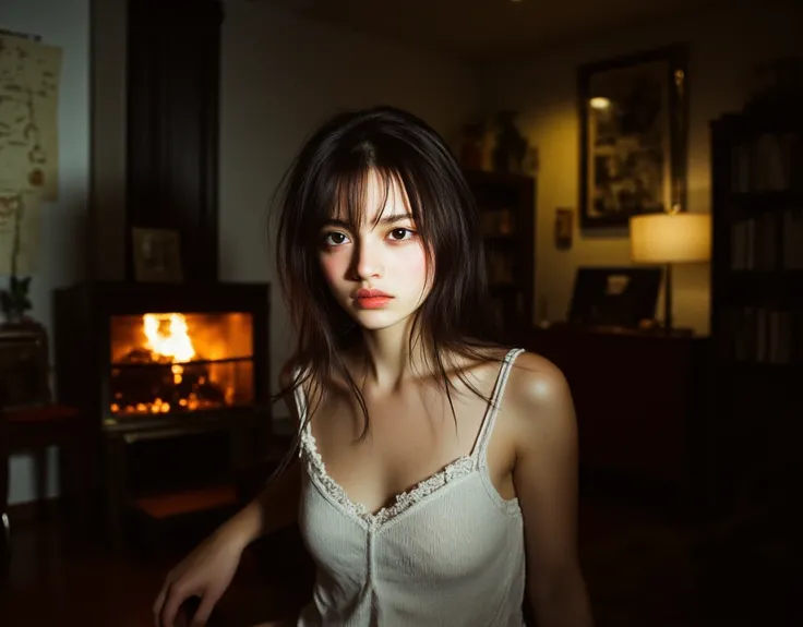 (the picture and scene gives a great aesthetic pleasure) (Large perky enticing breasts showing décolletage and cleavage) Aesthetically pleasing cinematic composition, Beautiful and sexy elegant young lady sitting at home at night in the living room couch, ...