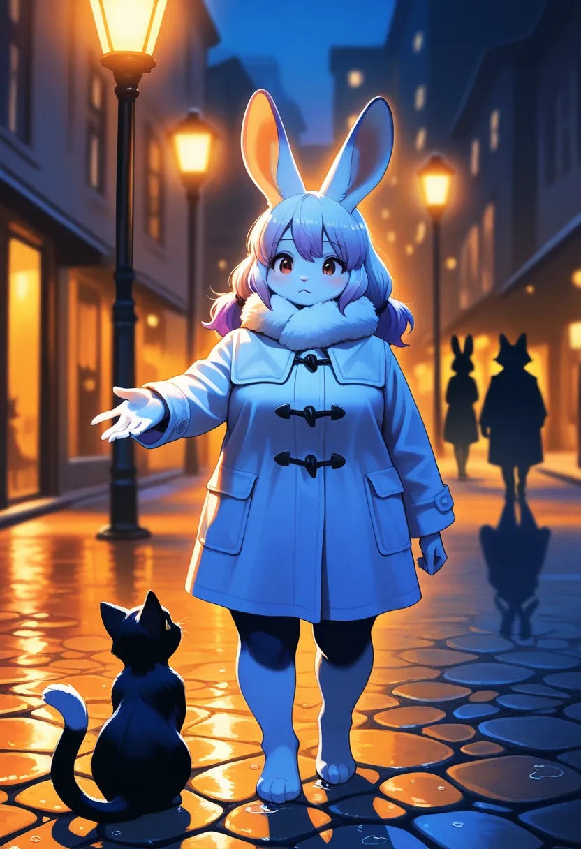 1girl, (furry, kemono:1.4), rabbit girl, animal nose, rabbit ears,　chubby, solo, standing, vintage street lamp, night, reaching out, cat, silhouette, shadows, long shadows, wet cobblestone, street, townscape, blurred background, warm lighting, orange light...