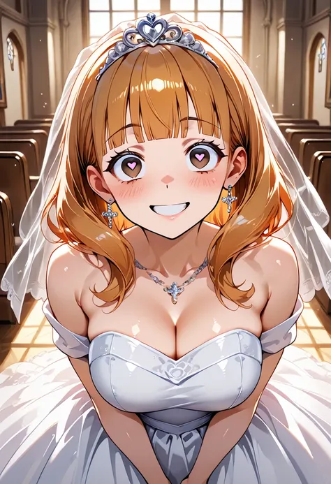 1Woman, standing, in living room, fair skin, orange hair, blunt bangs, brown eyes, smiling, adult, Wedding dress, crazy eyes, heart pupils, 30 years old, in church, happy, mature