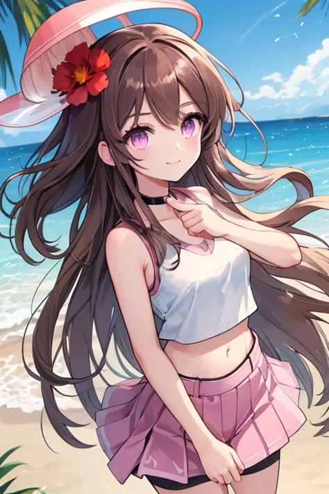  an anime girl,  Pink Eyes, long dark brown hair , (( dark brown hair )),  pink sportswear, good face, cute body, big arms and legs, pleated pink skirt, pink sports skirt, ((Black fitted short top )), Square black sleeveless fitted compression crop top, [[...