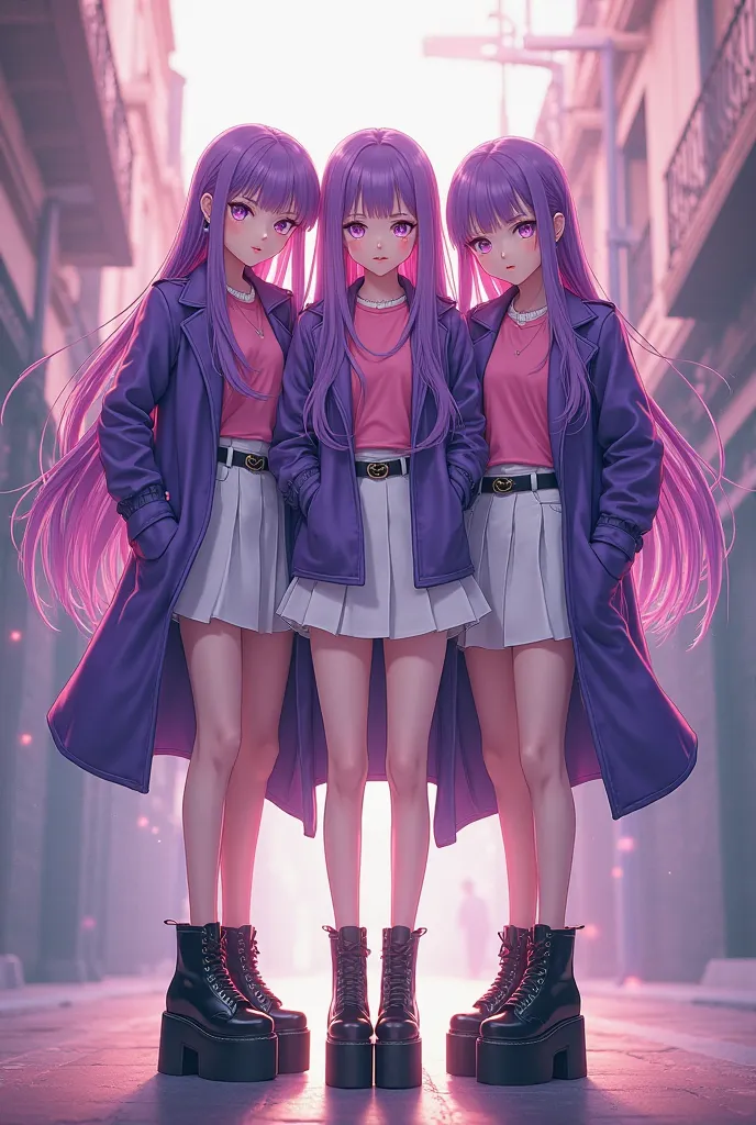 anime style, 3girls, full body front, standing, bare legs, light skin, purple long hair, purple eyes, pink shirts, purple coats, white skirts, black platform shoes