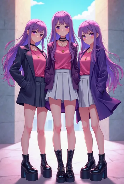 anime style, 3girls, full body front, standing, bare legs, light skin, purple long hair, purple eyes, pink shirts, purple coats, white skirts, black platform shoes