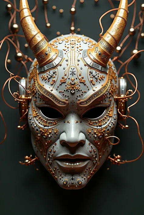 A Japanese Kabuki mask features components simulating electronic applications，circuitry, gold and silvering wiring, fibre optic extensions. There is a large group of Kabuki masks , by Kamisaka Sekka, benjamin lacombe, beeple and jeremiah ketner, by Santiag...