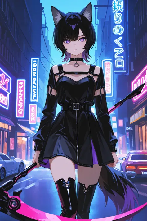 solo, ((From front)), Neko Female, Sukana marking from JJK, ((wolf cut black hair, Black cat ears))), long Wolf Cut black hair, (yellow and purple Ombre eyes), Black and white dress like Yor, wearing Chocker, wielding Scythe, Street background, Neon Lights...