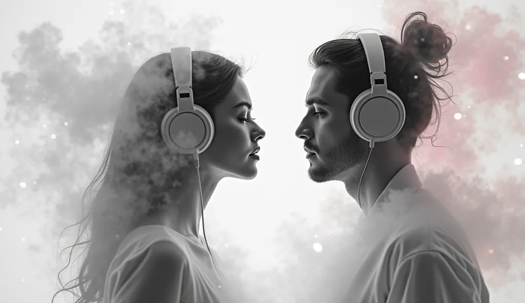 "Close-up portrait of a female and male ambient pop vocalist duo, ethereal oversized head composition dissolving into floating white and soft pink mist, multiple layers of translucent smoke emerging from their silhouettes, both wearing minimalist studio he...