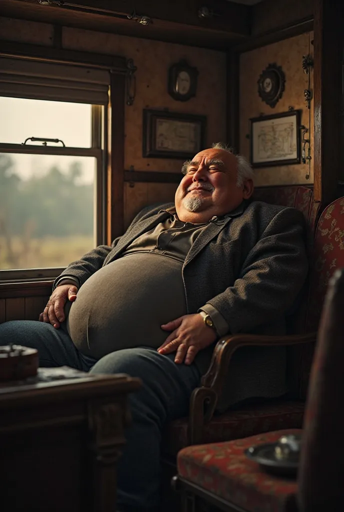 A fat man sitting on train lower berth