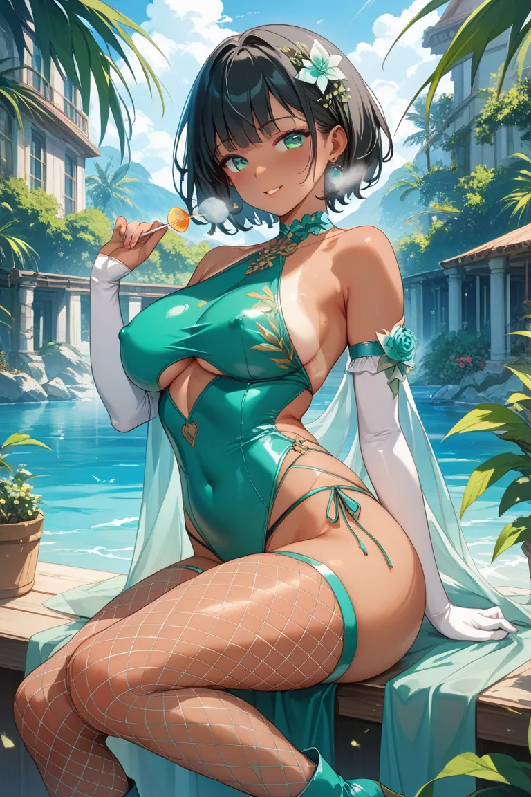  one woman、Black Hair Short Hair、 bodycon dress(Fluorescent Green、string)、 dark skin、swimsuit sunburn、Arm Gloves、fishnet tights、Knee-high boots with attractive body line、 pleasant expressions 、Posing、beautiful body lines、masterpiece、high image quality、high...