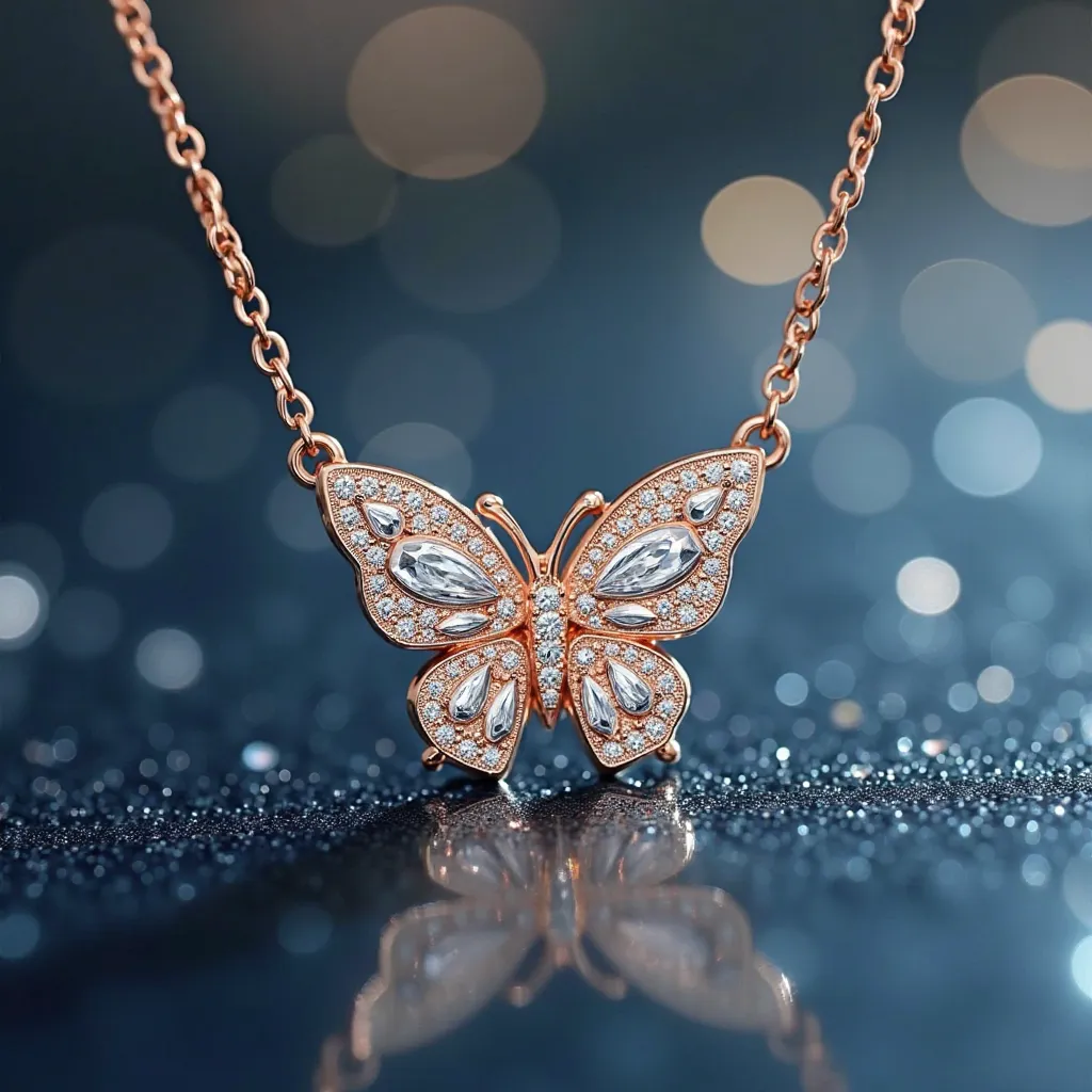 A close-up, hyperrealistic shot of a gold-toned diamond necklace. The necklace features a butterfly-shaped pendant intricately paved with numerous brilliant-cut diamonds of varying sizes, set in a delicate, rose gold-colored metal frame. The pendant's shap...