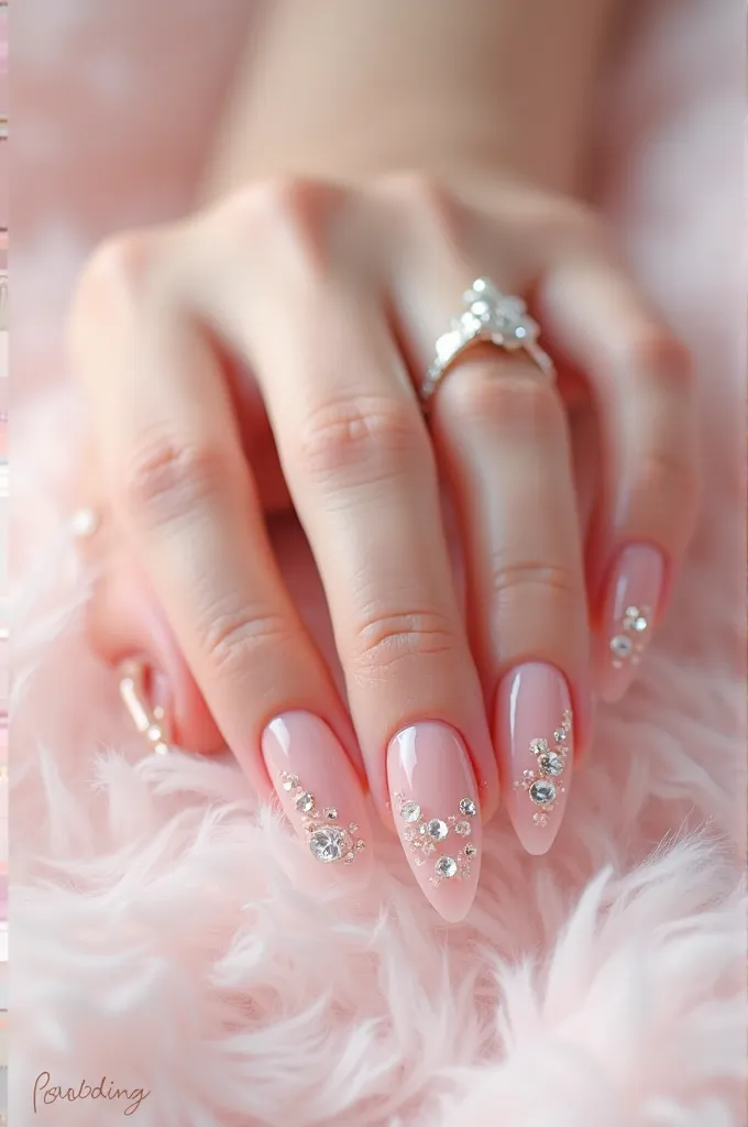 Light pink ballerina nails with rhinestones on a furry white background 