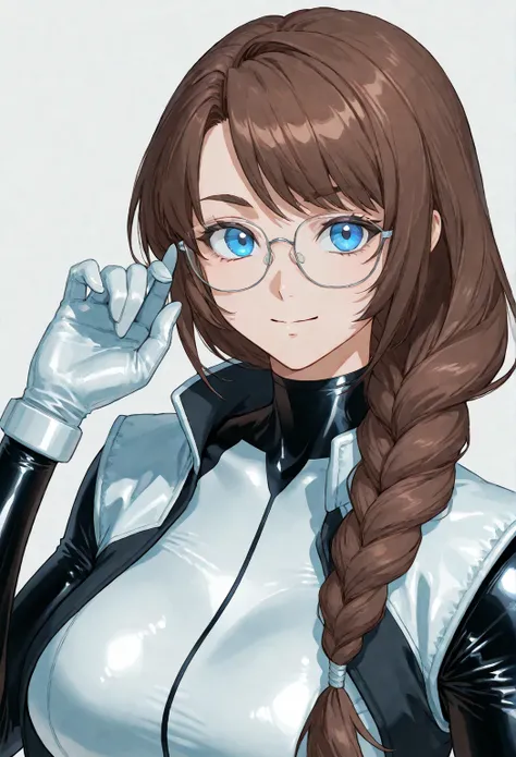 Anime cute Woman with brown hair in a short braided ponytail over shoulder, with blue eyes, with glasses, in a very tight superhero suit with a black and white color scheme with stripe pattern, with short opened vest jacket, with full gloves, top body port...