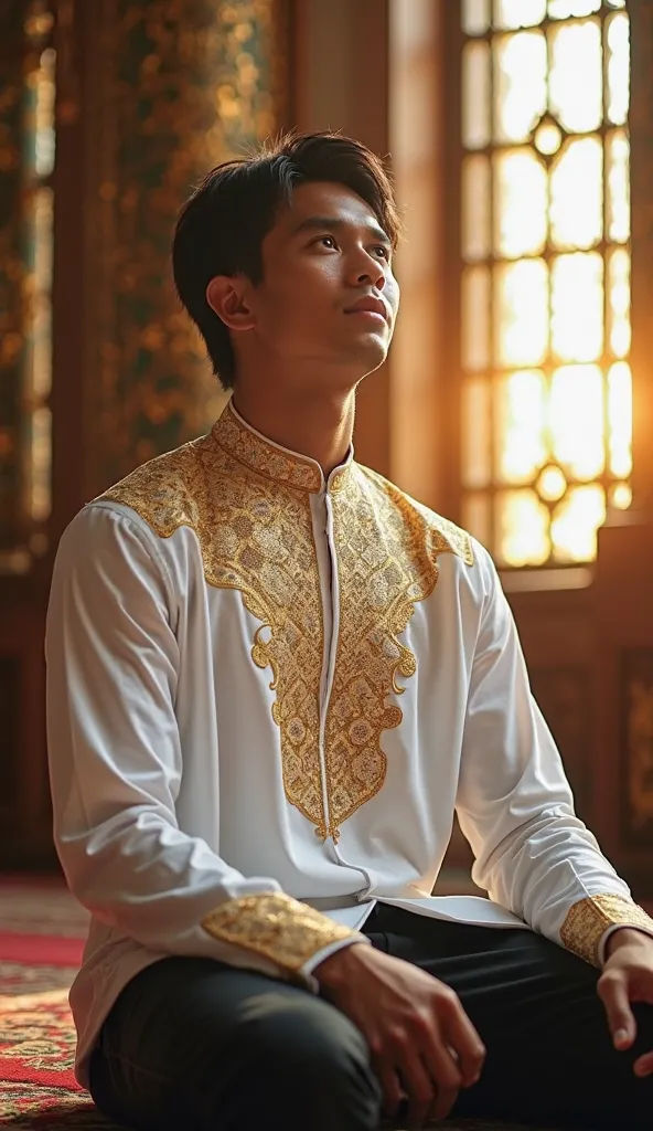 A 25 year old handsome, masculine Indonesian Muslim young man wearing a white koko shirt with an intricate gold pattern and black trousers sat humbly in the mosque, looking up at the light coming from the mosque window, his tan skin illuminated by the warm...