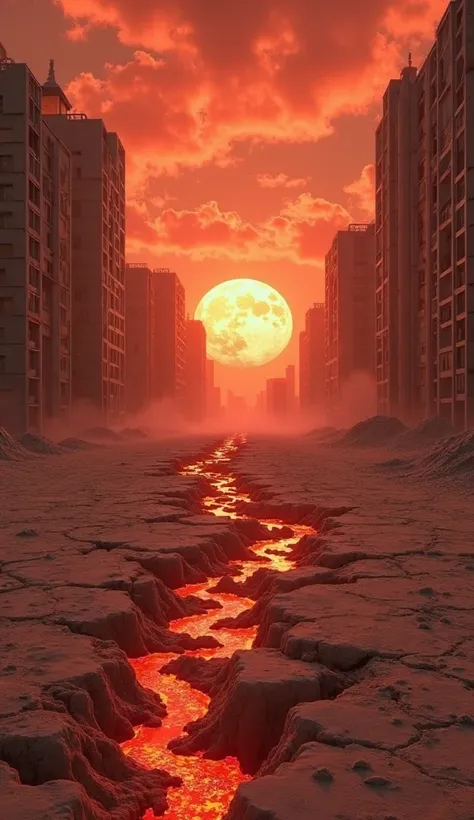 Searing Hell。The ground is dry、a desert-like city with huge cracks。the ground is distorted due to rising temperatures、part of the building is collapsing。the sky is red and fiery、a mirage can be seen in the distance。