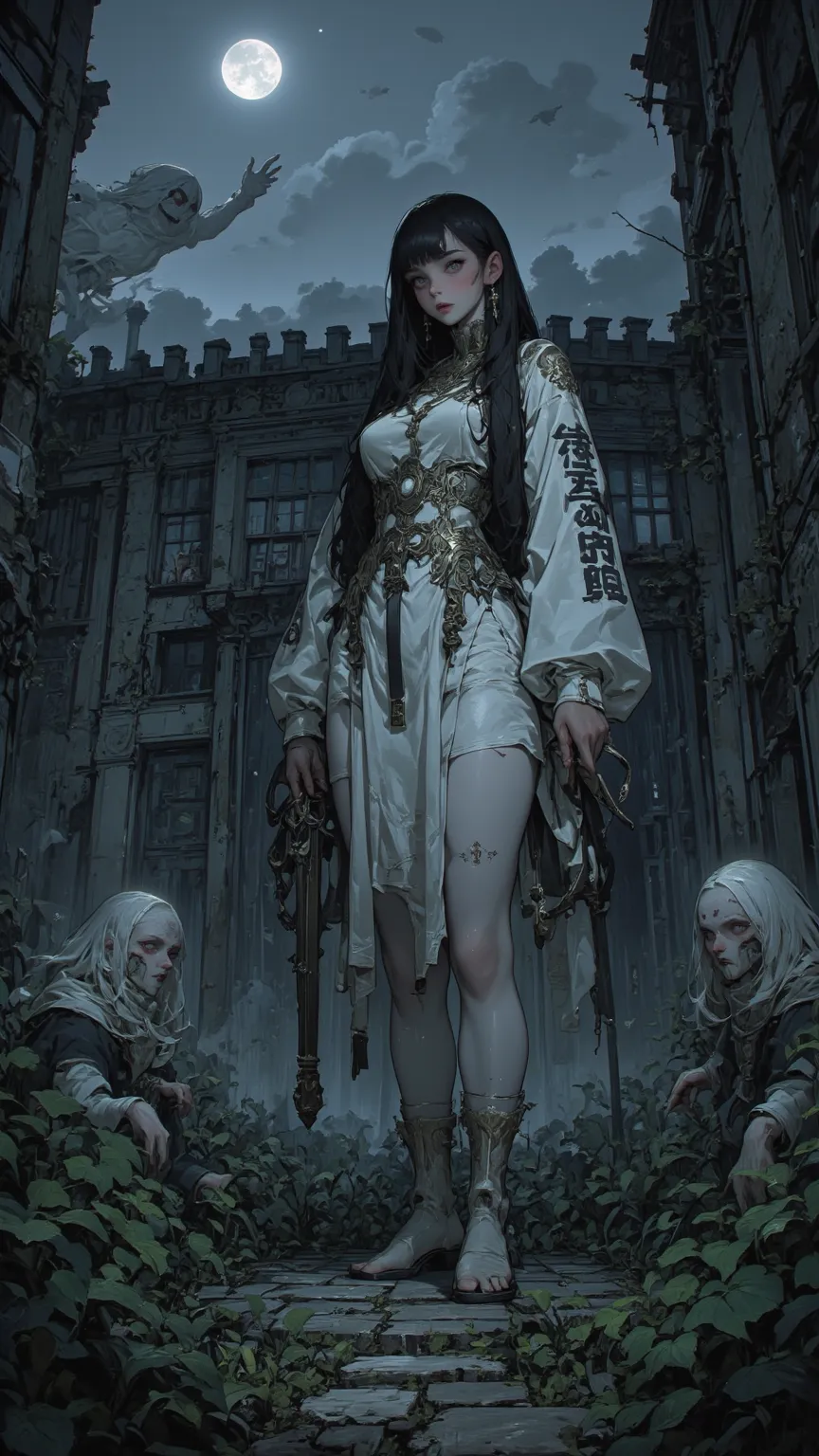 high quality, Extreme Details, major, Realistic Reality, Dark Dark Dark Yard, Flowing Ghosts, terrible atmosphere, Moonlight, Strange Shadows, Broken Stone Wall, Overgrown Plantings, Weak Female Ghosts, } Outdated white dress, Dark Long Hair, Pale Skin, tr...