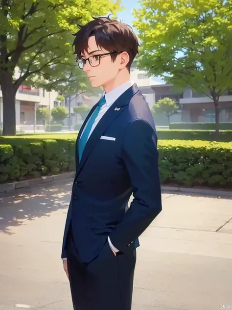 side angle, (looking away:1.5), masterpiece, best quality, Japanese manga style, upper body, plastic frame eyewear, (25 year old male: 1.5) and (short brown hair) and (green eyes), (Wearing a suit: 1.3) and (blue tie), sirious, The background is a sunny pa...