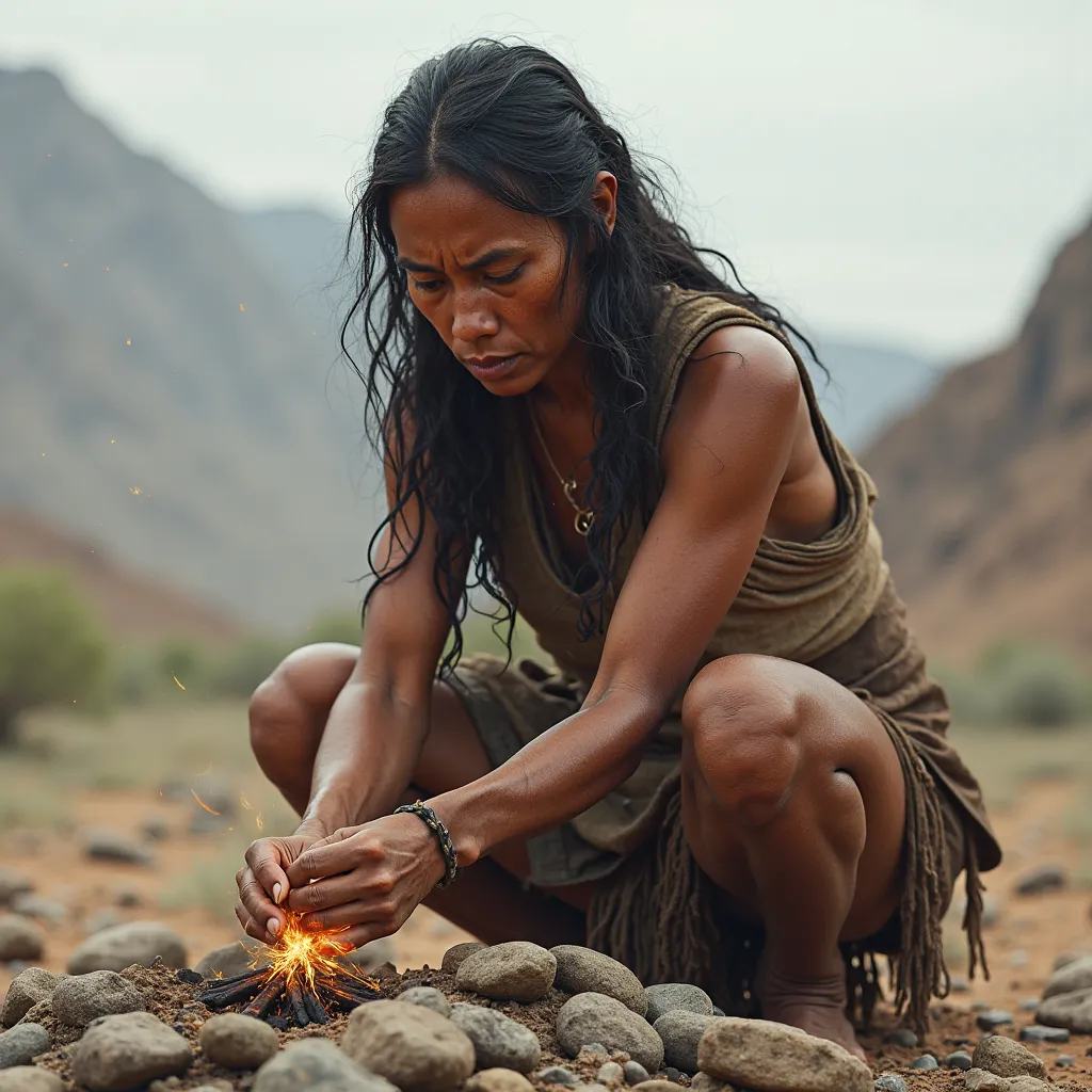 indian one woman trying to make fire with stons