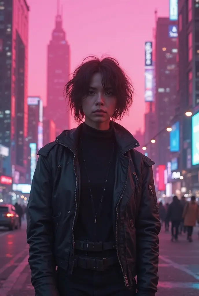 Hyperrealistic image,  resolution 1024x1024 pixels , Ultra HD photographic , similar to sharpness, 8K, realistic textures, natural lighting.  A 30-year-old Latino man , short disheveled dark brown hair, She wears black clothing in a futuristic trend style....