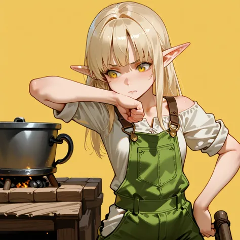 girl, elf ears, overalls, blacksmith, yellow background