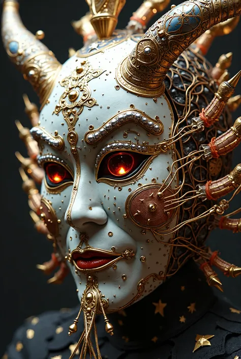 A Japanese Kabuki mask features components simulating electronic applications，circuitry, gold and silvering wiring, fibre optic extensions. There is a large group of Kabuki masks , by Kamisaka Sekka, benjamin lacombe, beeple and jeremiah ketner, by Santiag...