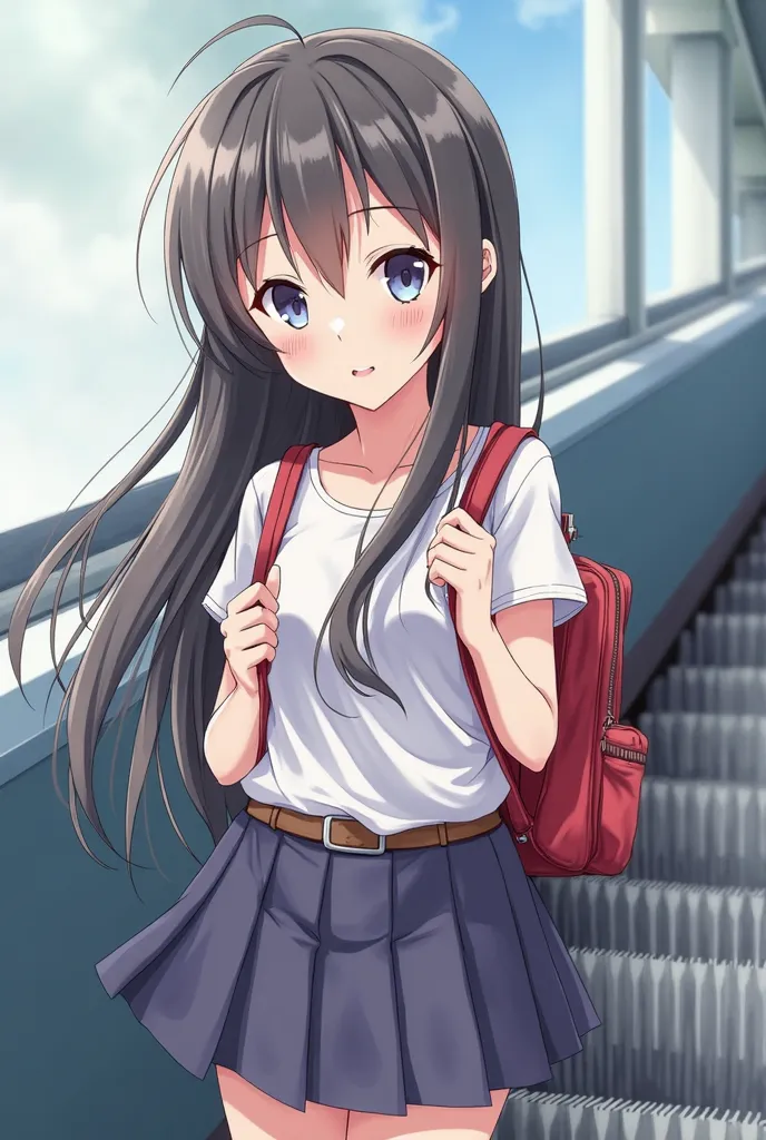 anime girl with long hair and a skirt holding a purse, Anime Moe Style, beautiful anime high school girl, animated visual of a cute girl, (anime girl), young anime girl, an anime girl, cute anime girl, anime girl,  Anime Best Girl , anime girl with long ha...