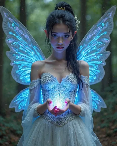 High Resolution, Cinematic, Photorealistic, Portrait Photography of a short (5’3”) and petite 19-year-old (ETHINCALLY FRENCH) female faerie with the build of a ballerina and slightly pointed ears, with richly white pale porcelain skin and GLOWING BLUE EYES...