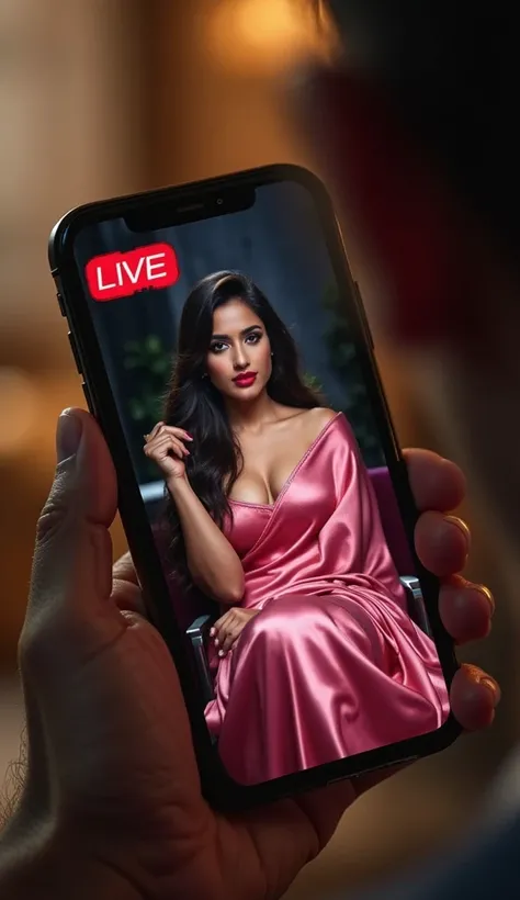 A close-up shot of an unknown male hand holding a smartphone, the screen displaying a 'LIVE' broadcast in bold red letters. On the screen, a stunning 23-year-old woman is seated gracefully on a chair, wearing a satin pink saree that drapes elegantly, revea...