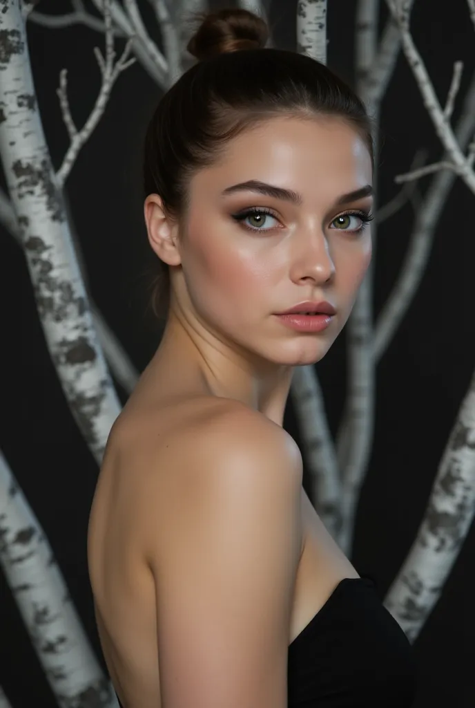 Hailee steinfeld,hair tied in short ponytail,black backgriund with white trees,Natalie dormer, Ethereal,Portrait,Closeup, portrait,girl posing,Closeup candid photo,Hailee steinfeld  and Maddison beer ,,Closeup,Young ,Voluptuous,,Youthful , ,Skinny,luxuriou...