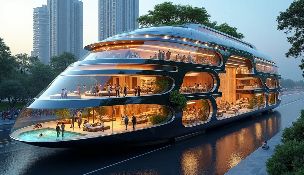 A massive, luxurious moving city-car, as tall as a 20-story building and as long as four football fields. The vehicle is open on all sides but has reinforced transparent glass for protection. Inside, there is a swimming pool, restaurants, a theater, a shop...