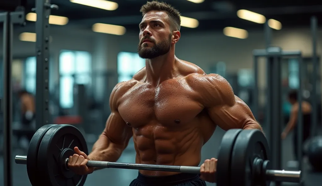 A man is sitting at the gym lifting dumbbells，Surrounded by fitness equipment， bokeh ，Detailed presentation of human sweat