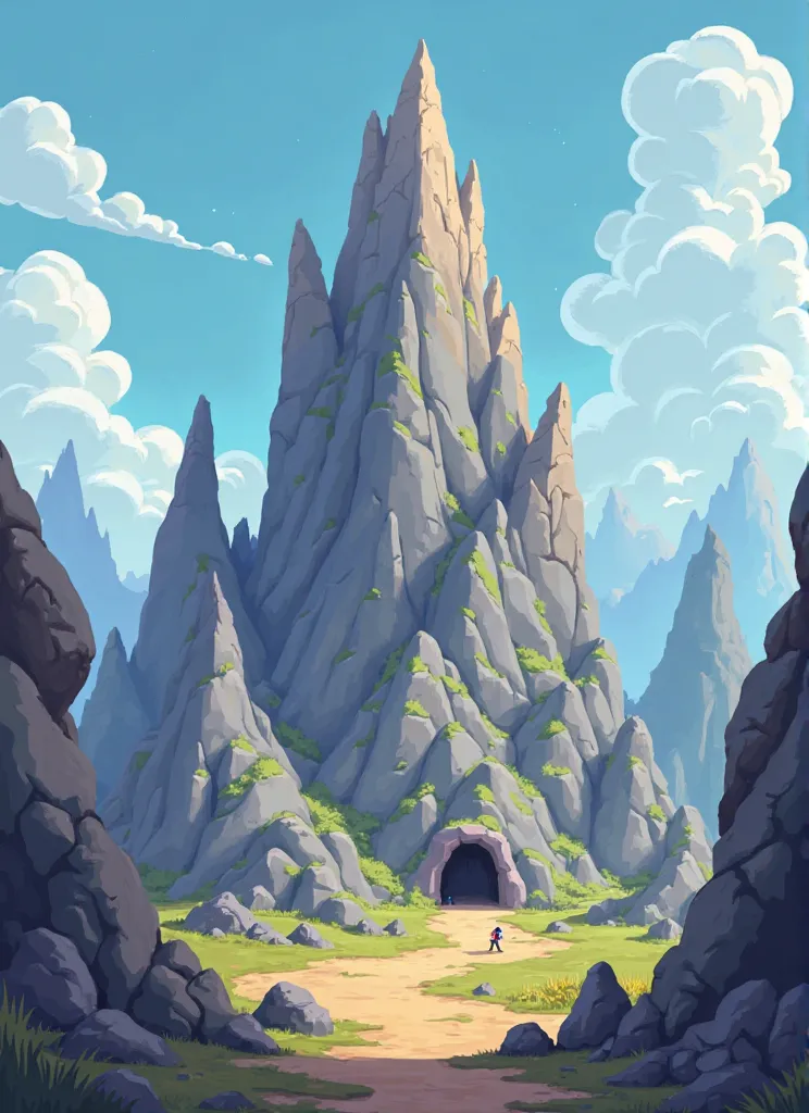 design me a phone game concept art with 2d cartoon style ,it will be like a skeleton mountain ,a lots of rocks at the top and leave some space for midle and bottom with simple design