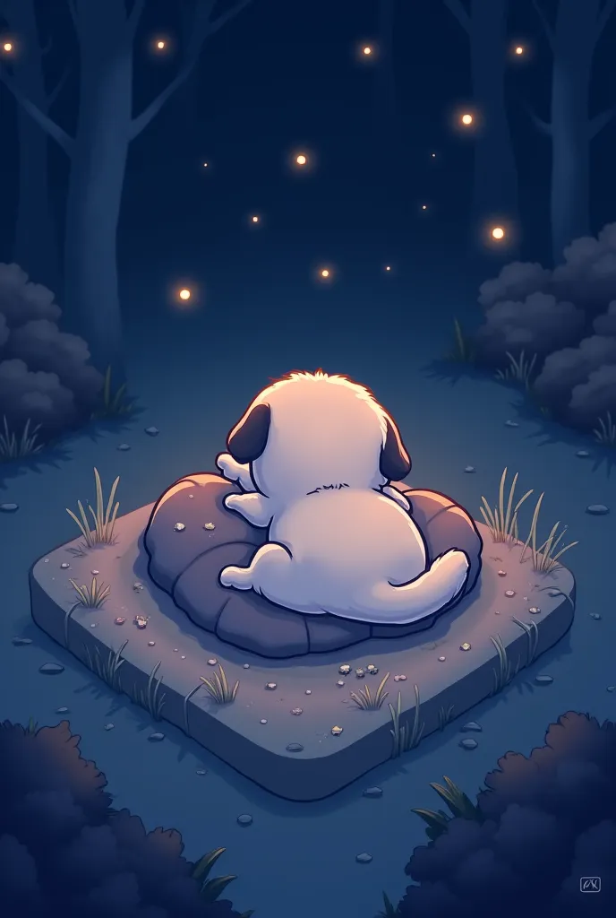 Lofi beat puppy doodle, 8k ultra hd, nighttime ambience laying down birdseye view music