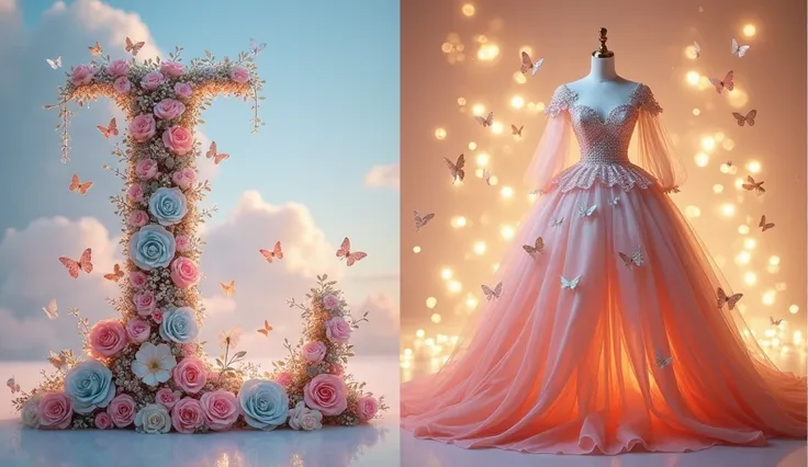 To recreate this image, use the following detailed prompt:

"Create a visually stunning split-image composition with two fantasy-inspired elements.

On the left side, design an elegant letter 'L' encrusted with shimmering silver textures. Decorate it with ...