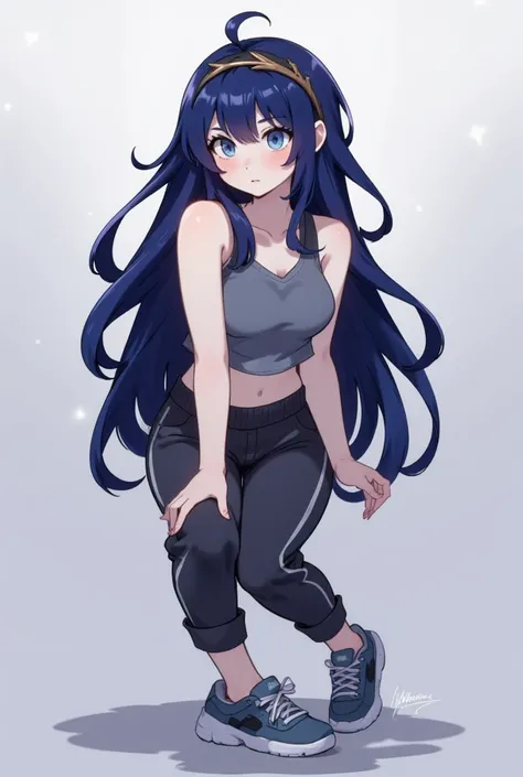 A tall young woman (5’11”) with a curvy, strong body, fair skin, long, voluminous dark blue hair, and bright light blue eyes. She wears casual, form-fitting clothing that accentuates her curves: comfortable sweatpants, athletic shoes, a tight-fitting shirt...