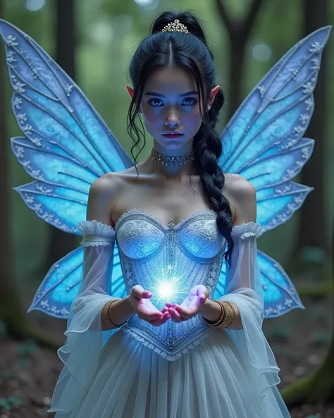 High Resolution, Cinematic, Photorealistic, Portrait Photography of a short (5’3”) and petite 19-year-old (ETHINCALLY FRENCH) female faerie with the build of a ballerina and slightly pointed ears, with richly white pale porcelain skin and GLOWING BLUE EYES...