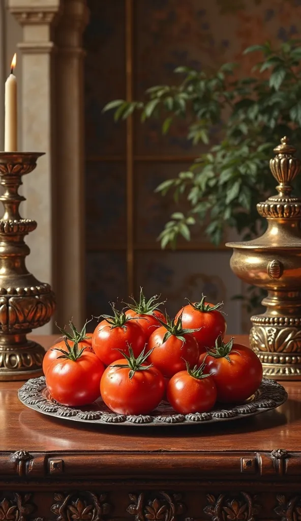 1700s visual showing some tomatoes on a pewter plates on a table wealthy people's home 