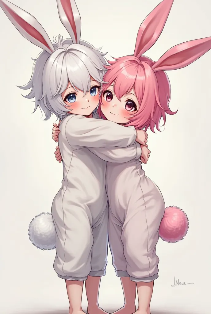 Create two hybrid boys with bunny ears and tails, one with white wavy hair and the other with pink straight hair, both with white skin, slim, femboyish, handsome and adorable, hugging each other from the middle up.