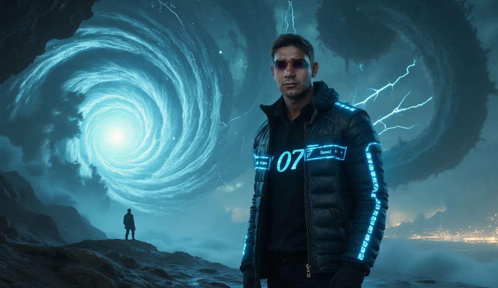 a man looking at viewer looking at camera, Hyper realistic fullbody a 30 yeard man in standing pose of james bond wearing a bioluminescent jacket with glowing accents made from lab-grown diamonds wiht 007 james bond logo on jacket , and in background Space...